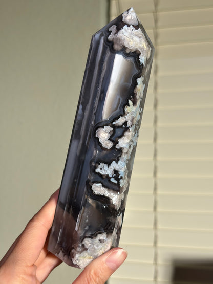 Statement Black & Baby Blue Flower Agate Tower, Madagascar