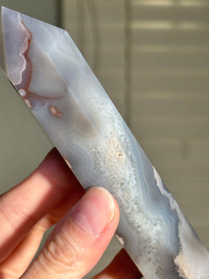 Moody Pastel Blue Gray Flower Agate Tower, Madagascar