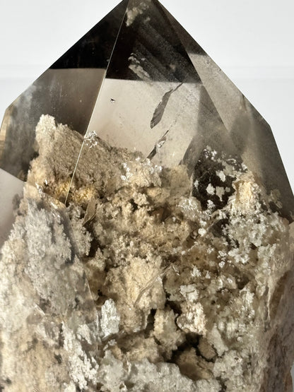 Statement Large Moody Smoky Quartz Tower With White Lodalite & Rutile, Brazil