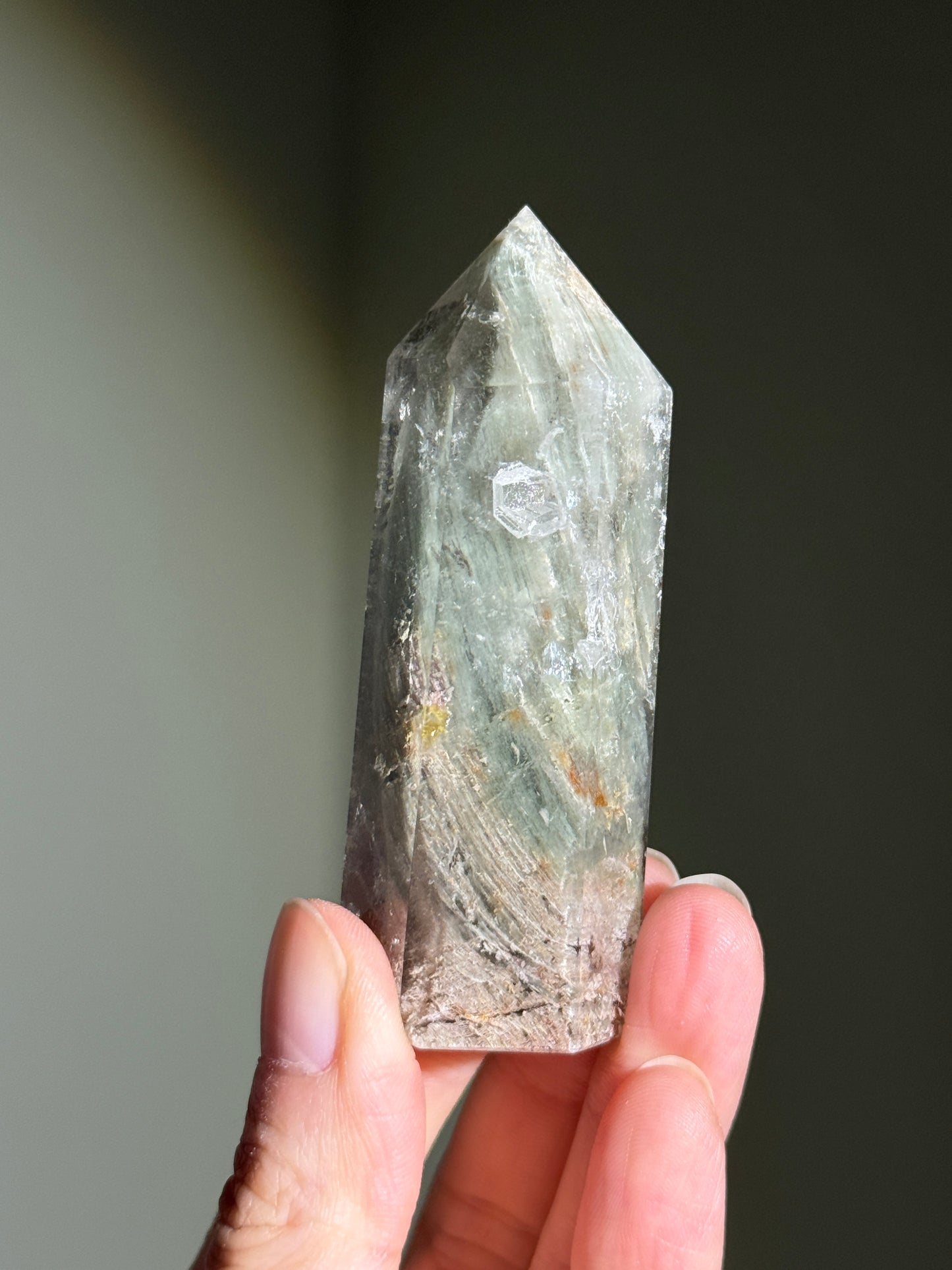 Unique Mint Green & Pink Garden Quartz Tower With Penetrator, Zambia