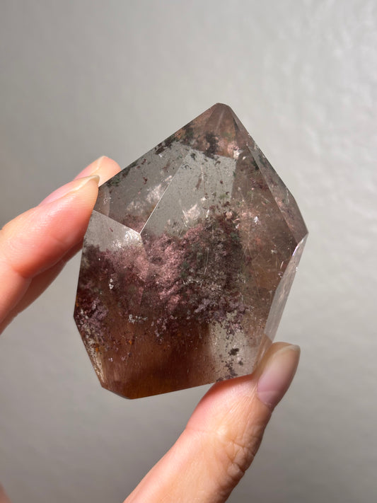 Rare Pink Garden Quartz With Pink Amphibole Freeform on Metal Stand, Brazil