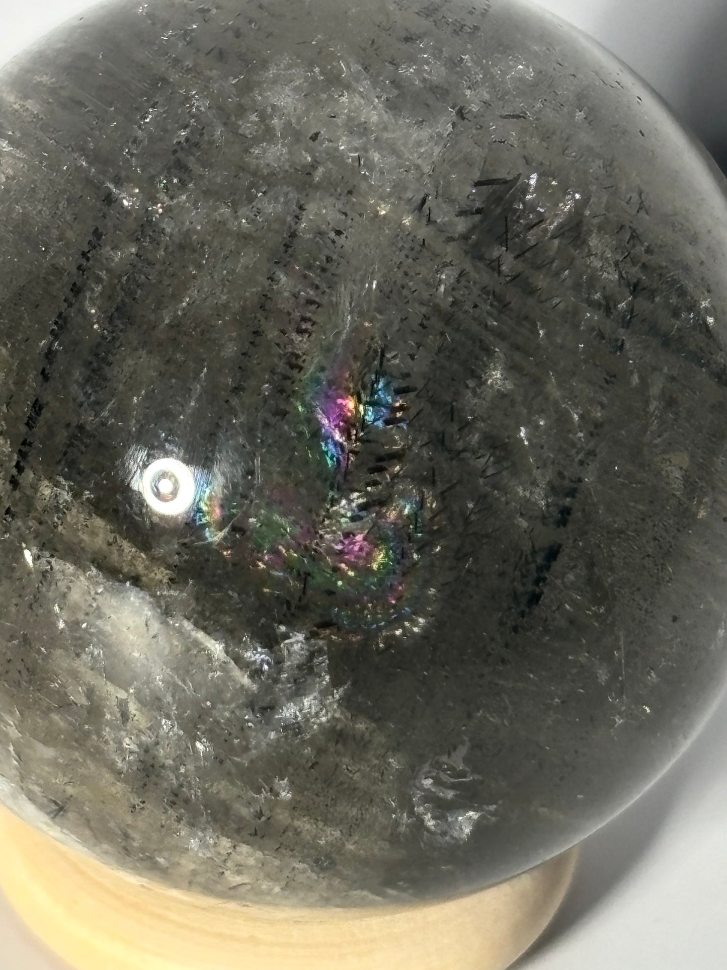 Unique Spooky White Layered Lodalite With Black Rutile Sphere, Brazil