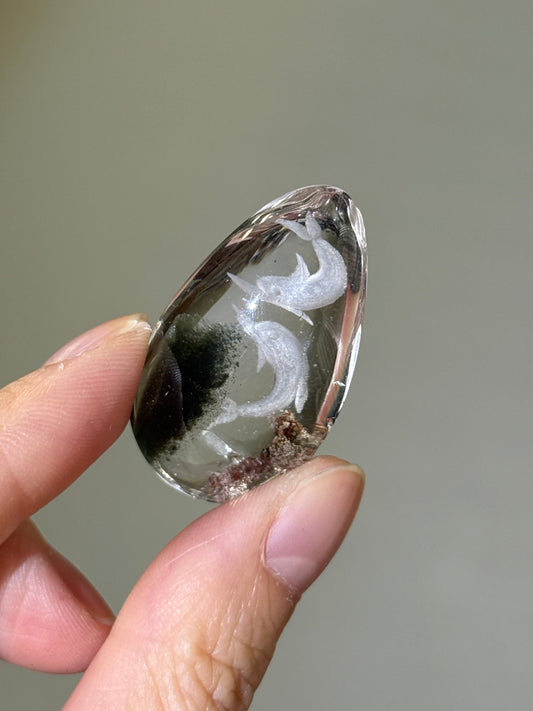 High Quality Water Clear Etched Garden Quartz Teardrop, Double Dolphins