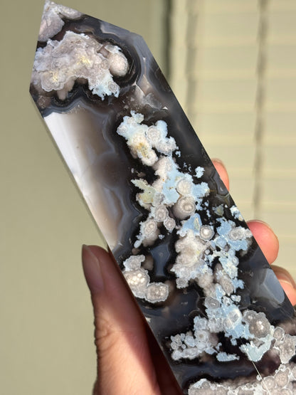 Statement Black & Baby Blue Flower Agate Tower, Madagascar