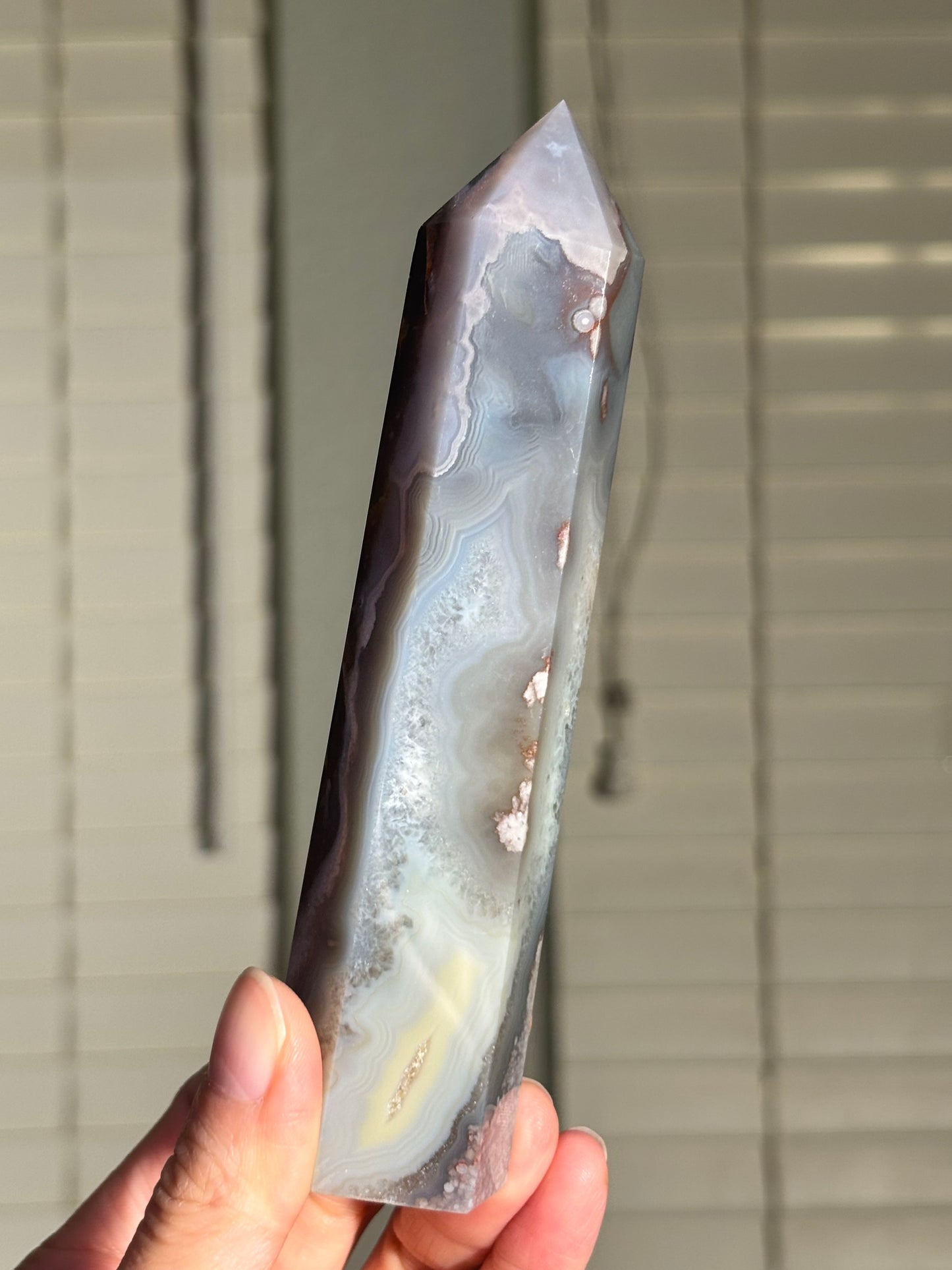 Moody Pastel Blue Gray Flower Agate Tower, Madagascar