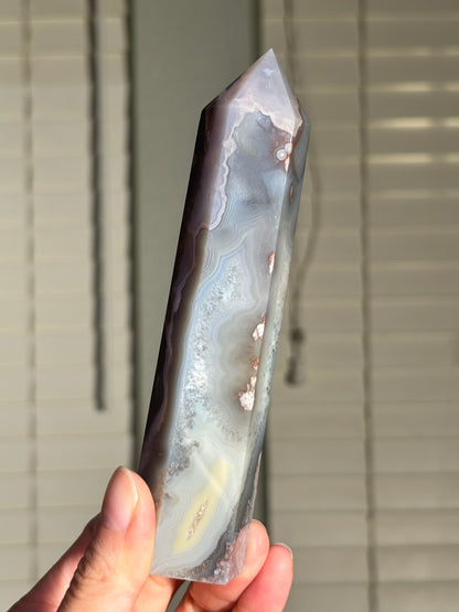 Moody Pastel Blue Gray Flower Agate Tower, Madagascar