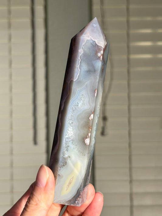 Moody Pastel Blue Gray Flower Agate Tower, Madagascar