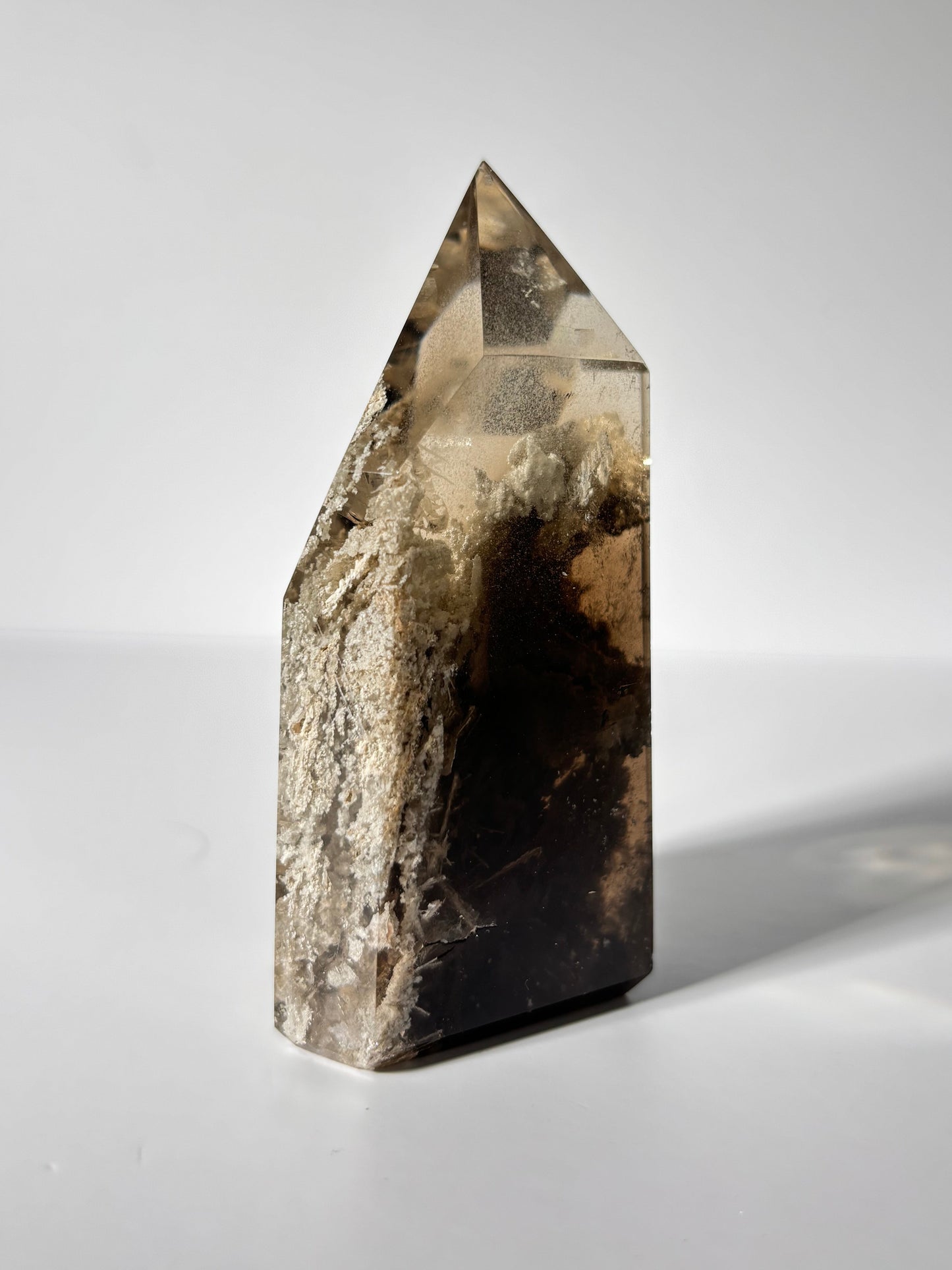 Statement Large Moody Smoky Quartz Tower With White Lodalite & Rutile, Brazil