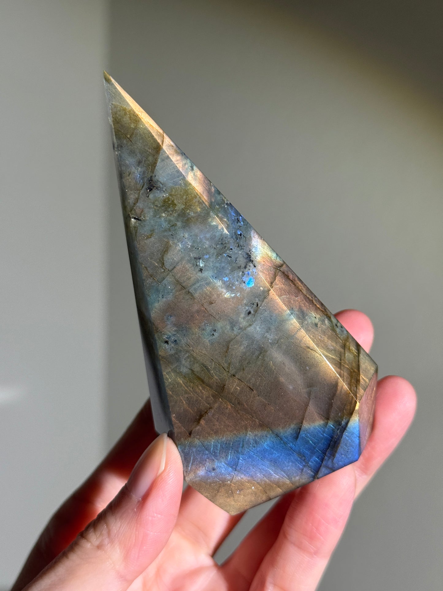 Gorgeous Blue & Orange Labradorite Pyramid, Madagascar