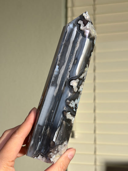 Statement Black & Baby Blue Flower Agate Tower, Madagascar