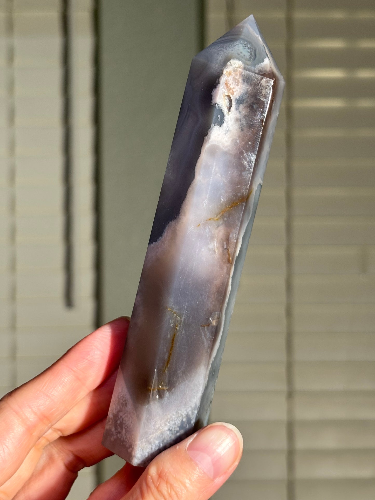 Moody Pastel Blue Gray Flower Agate Tower, Madagascar