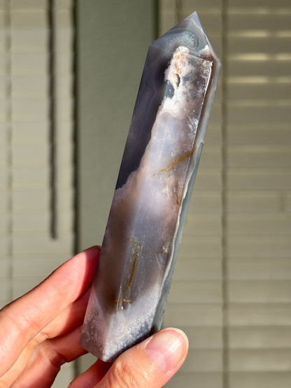 Moody Pastel Blue Gray Flower Agate Tower, Madagascar