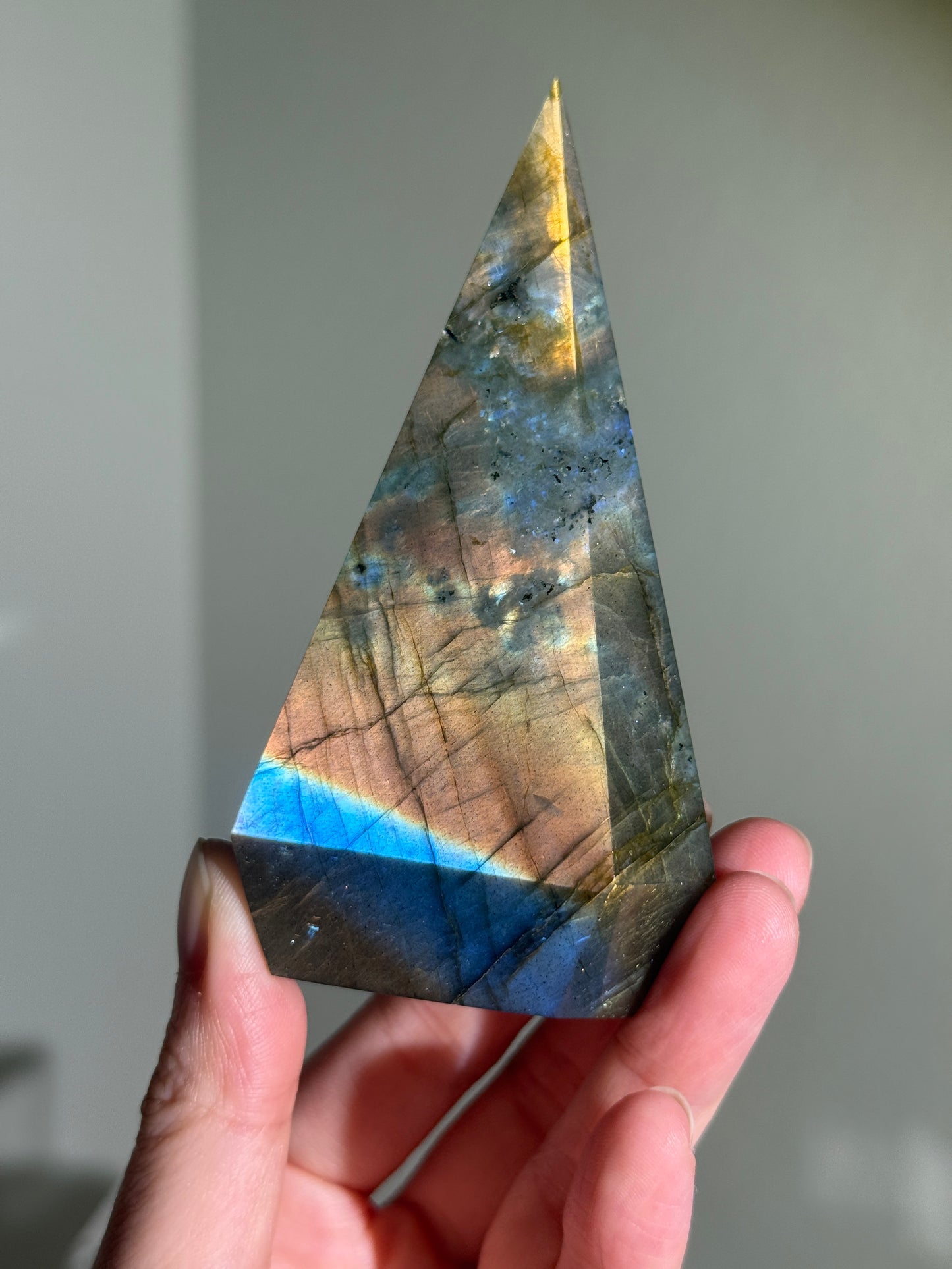 Gorgeous Blue & Orange Labradorite Pyramid, Madagascar