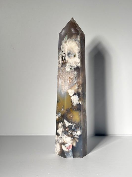 Large Black Flower Agate Tower With Pink Amethyst Inclusion, Madagascar