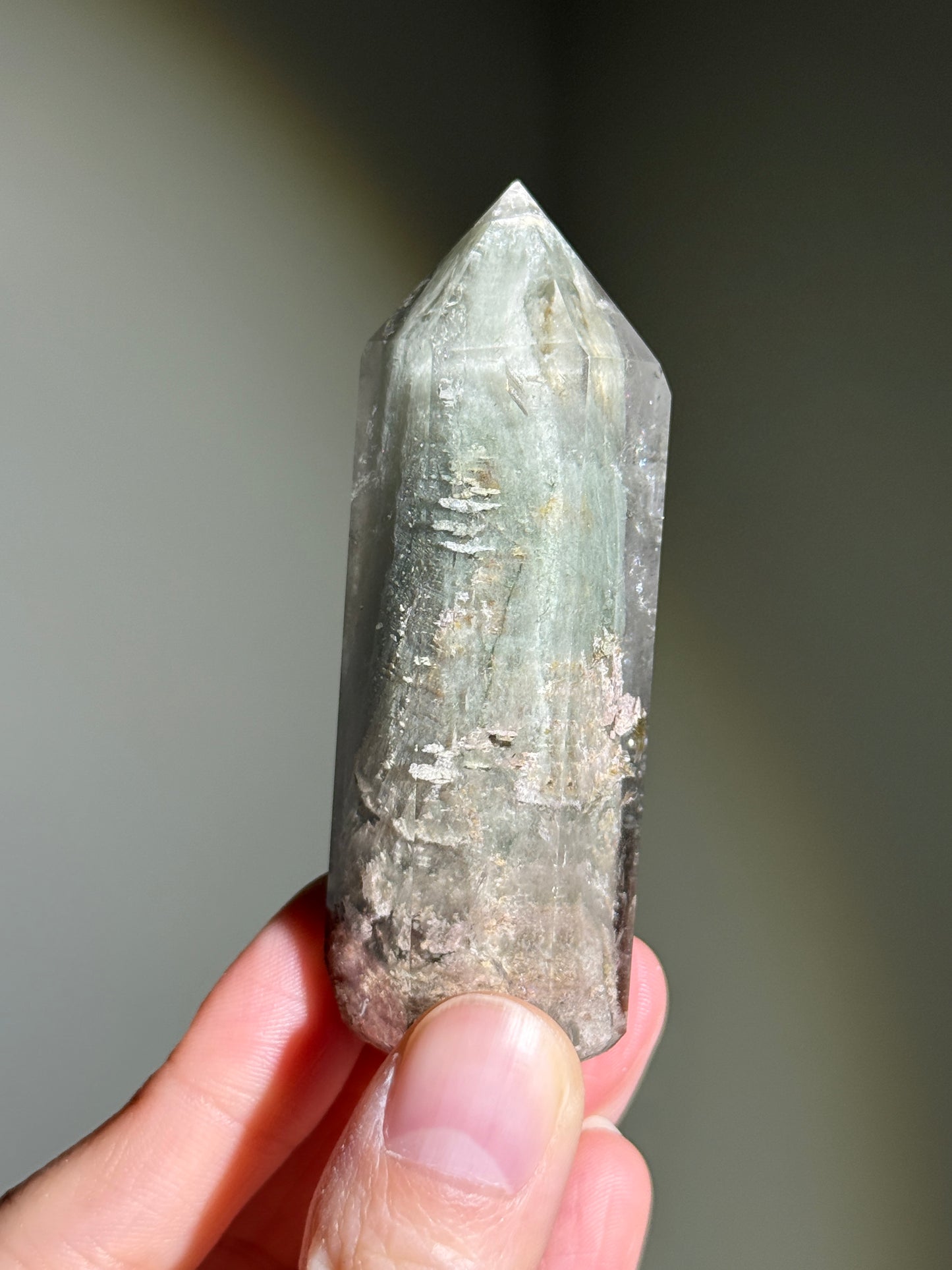 Unique Mint Green & Pink Garden Quartz Tower With Penetrator, Zambia