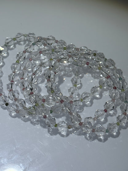 Faceted Clear Quartz Bracelets With Watermelon Tourmaline Beads, 8mm