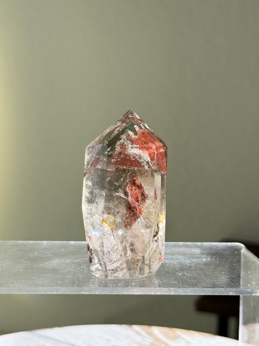 High Quality Red & Green Phantom Lodolite in Quartz Tower With Rainbows, Brazil