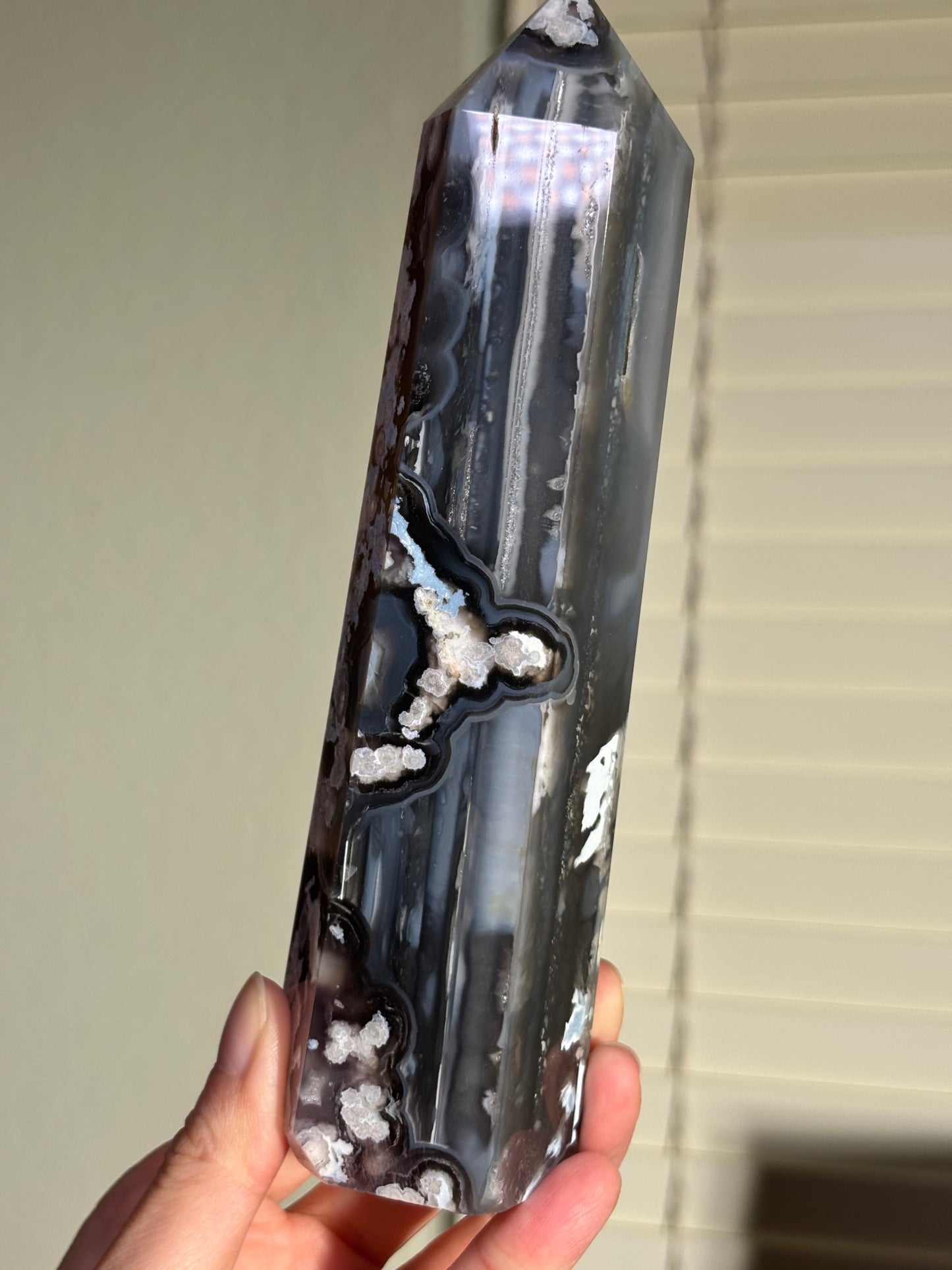 Statement Black & Baby Blue Flower Agate Tower, Madagascar