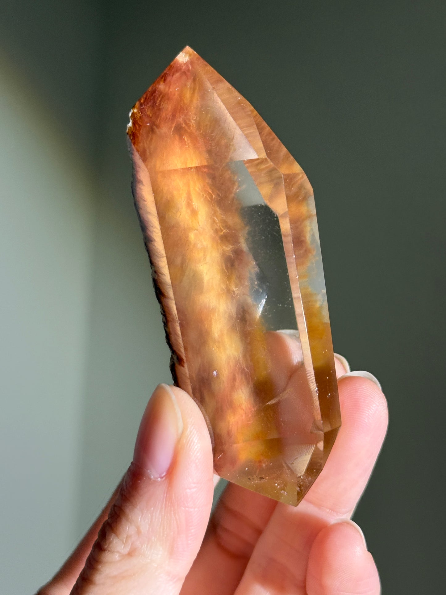 Collector's Grade Water Clear Orange Red Amphibole Quartz Double Terminated Freeform