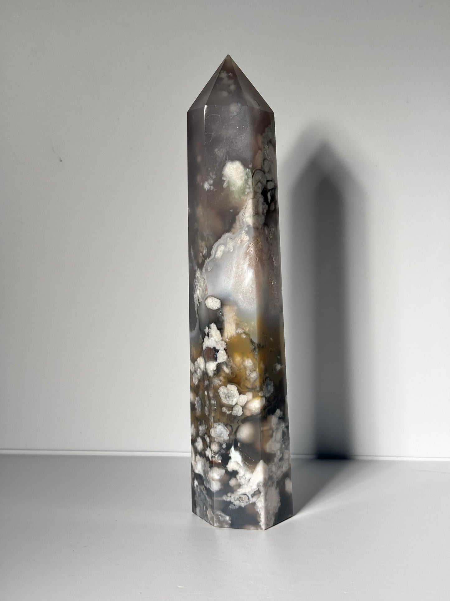 Large Black Flower Agate Tower With Pink Amethyst Inclusion, Madagascar