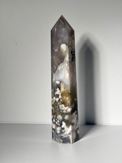 Large Black Flower Agate Tower With Pink Amethyst Inclusion, Madagascar