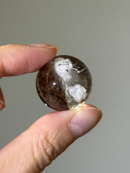 Collector’s Grade Brown Lodalite & White Cotton Like Inclusion Quartz Sphere, Brazil
