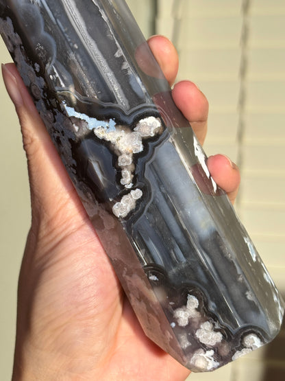 Statement Black & Baby Blue Flower Agate Tower, Madagascar