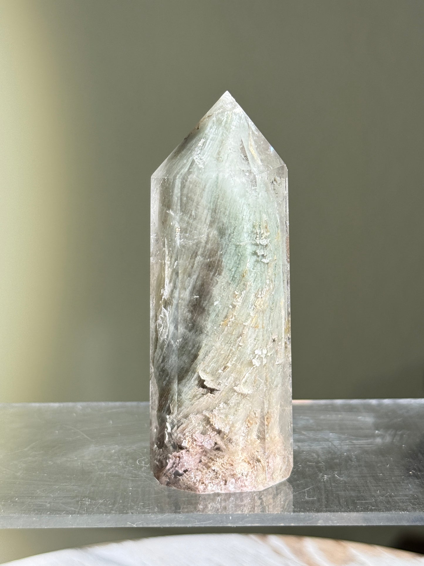 Unique Mint Green & Pink Garden Quartz Tower With Penetrator, Zambia