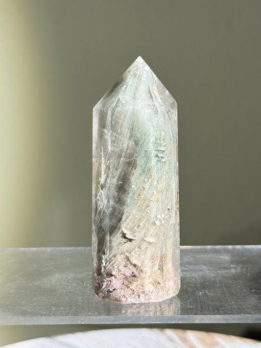 Unique Mint Green & Pink Garden Quartz Tower With Penetrator, Zambia