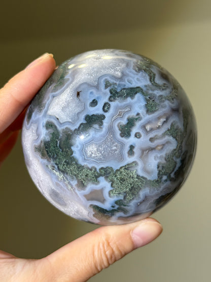 Large Moss Agate Sphere With Blue Chalcedony