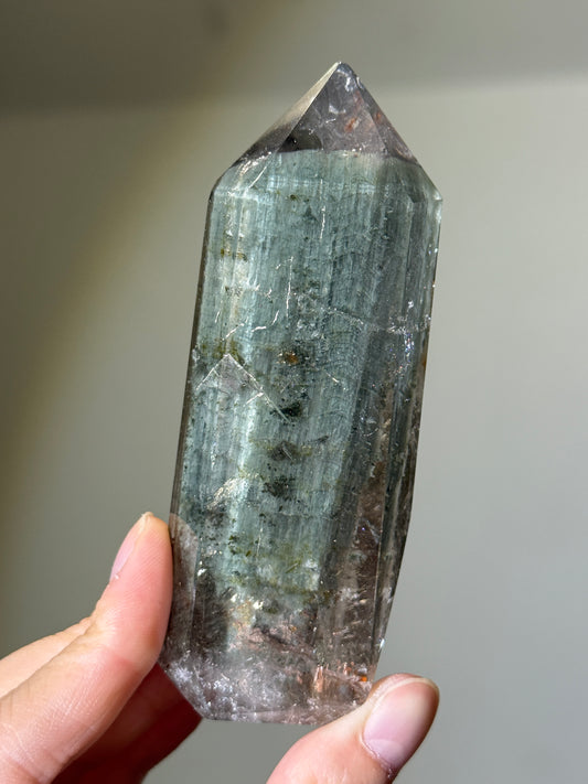 Large Green Garden Quartz Tower With Epidote & Shimmery Hematite, Zambia
