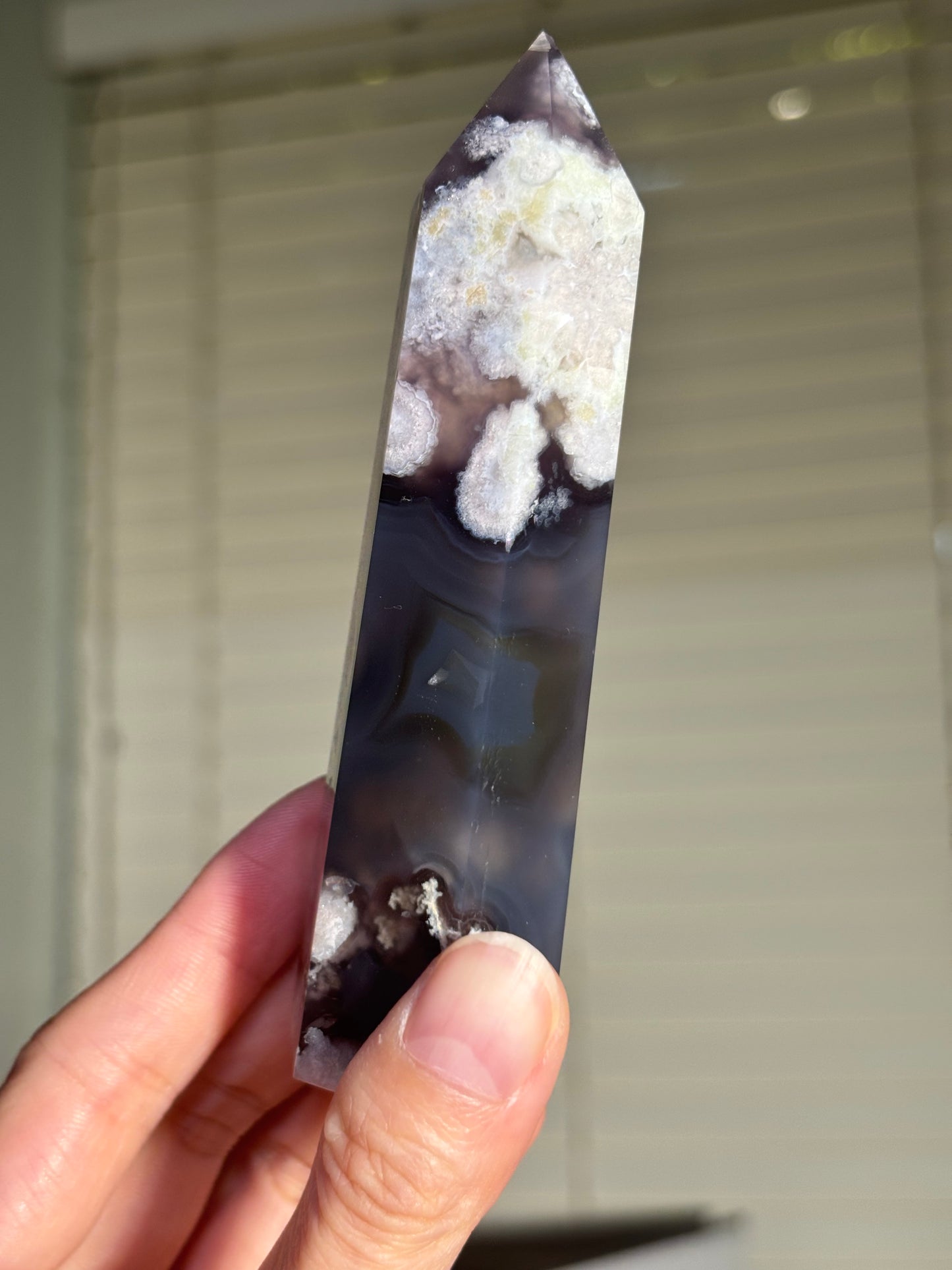 High Quality Rare Black & Green Flower Agate Tower, Madagascar