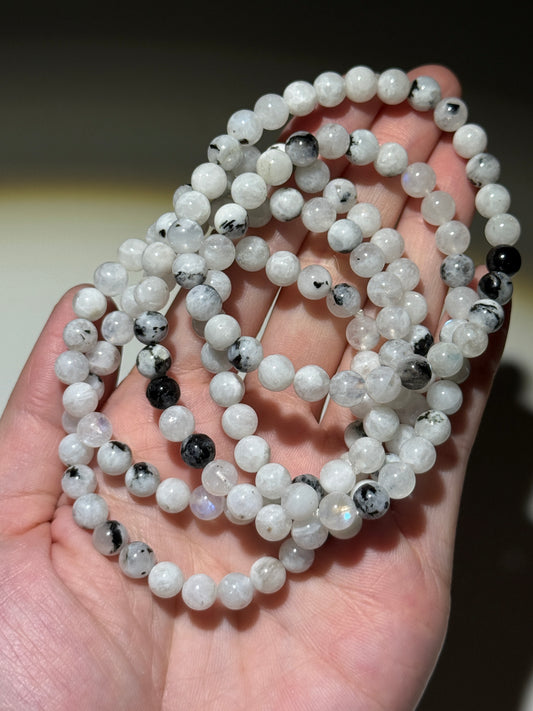 White Moonstone With Black Tourmaline Bracelets, 7mm