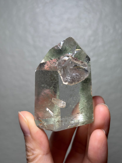 High Quality Water Clear Green Chlorite x Penetrator Quartz Tower, Brazil