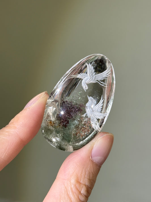 High Quality Water Clear Etched Garden Quartz Teardrop, Bird Lovers