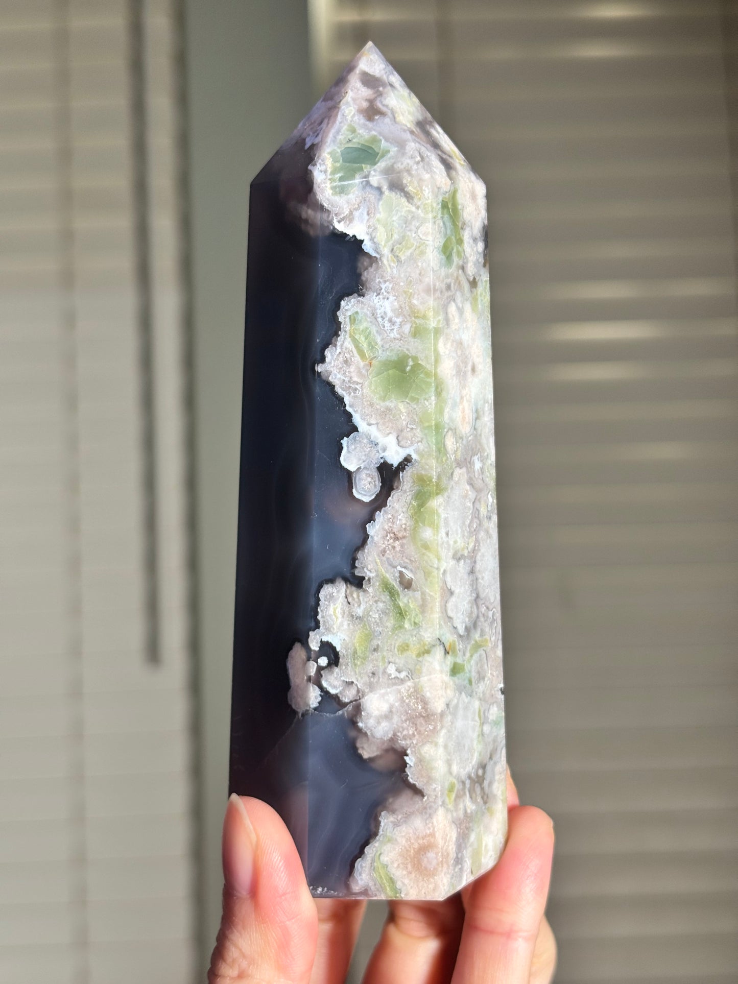 Statement Large Chunky Rare Black & Green Flower Agate Tower, Madagascar