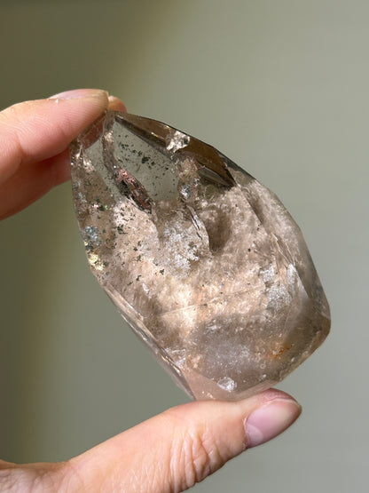 Collector’s Grade Beige Amphibole With Chlorite & Manifestation Quartz, Crystal in Crystal Freeform, Brazil