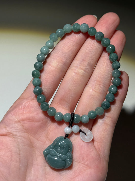 Guatemalan Jade Bracelets With Buddha Carvings, 6.5mm