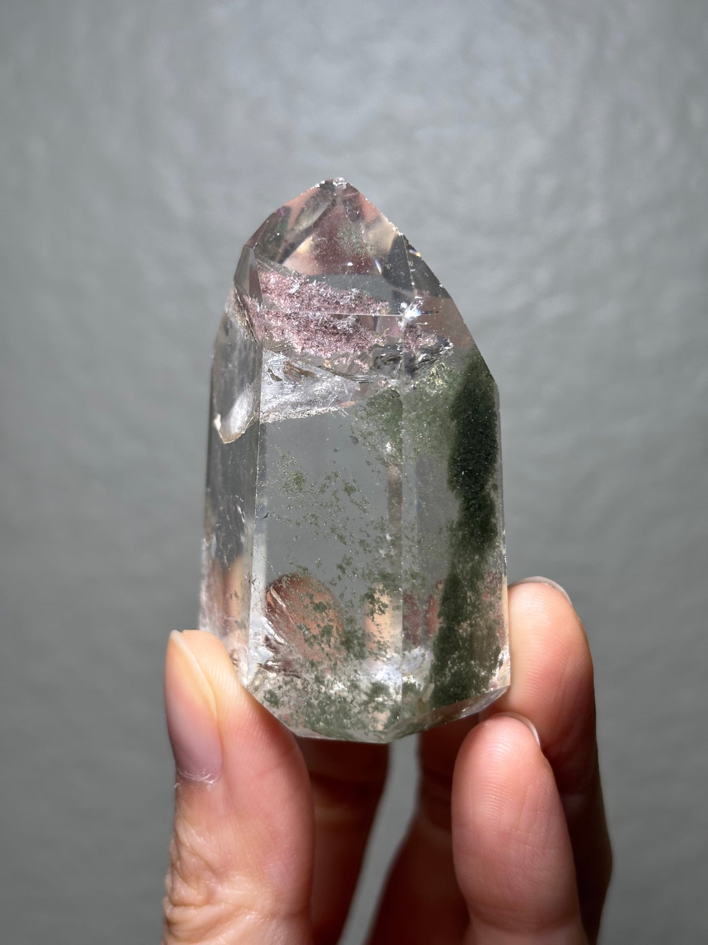 High Quality Water Clear Green Chlorite x Penetrator Quartz Tower, Brazil
