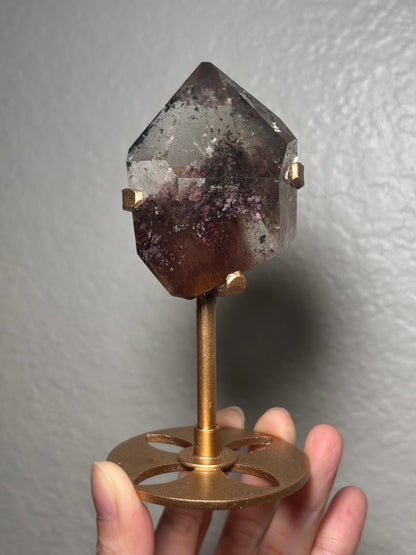 Rare Pink Garden Quartz With Pink Amphibole Freeform on Metal Stand, Brazil