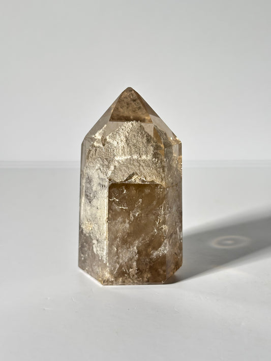 High Quality White Phantom Lodalite in Light Smoky Quartz Tower, Brazil
