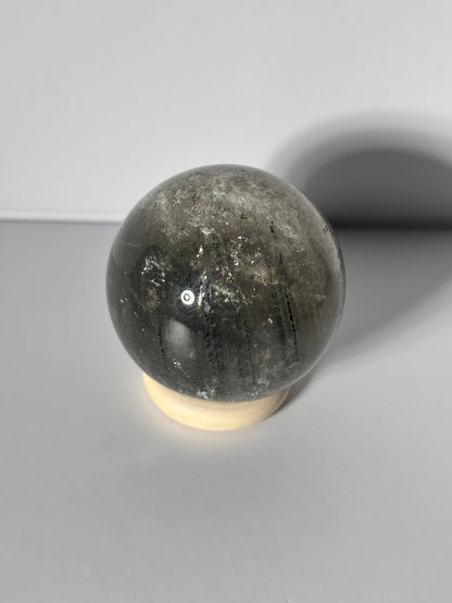 Unique Spooky White Layered Lodalite With Black Rutile Sphere, Brazil