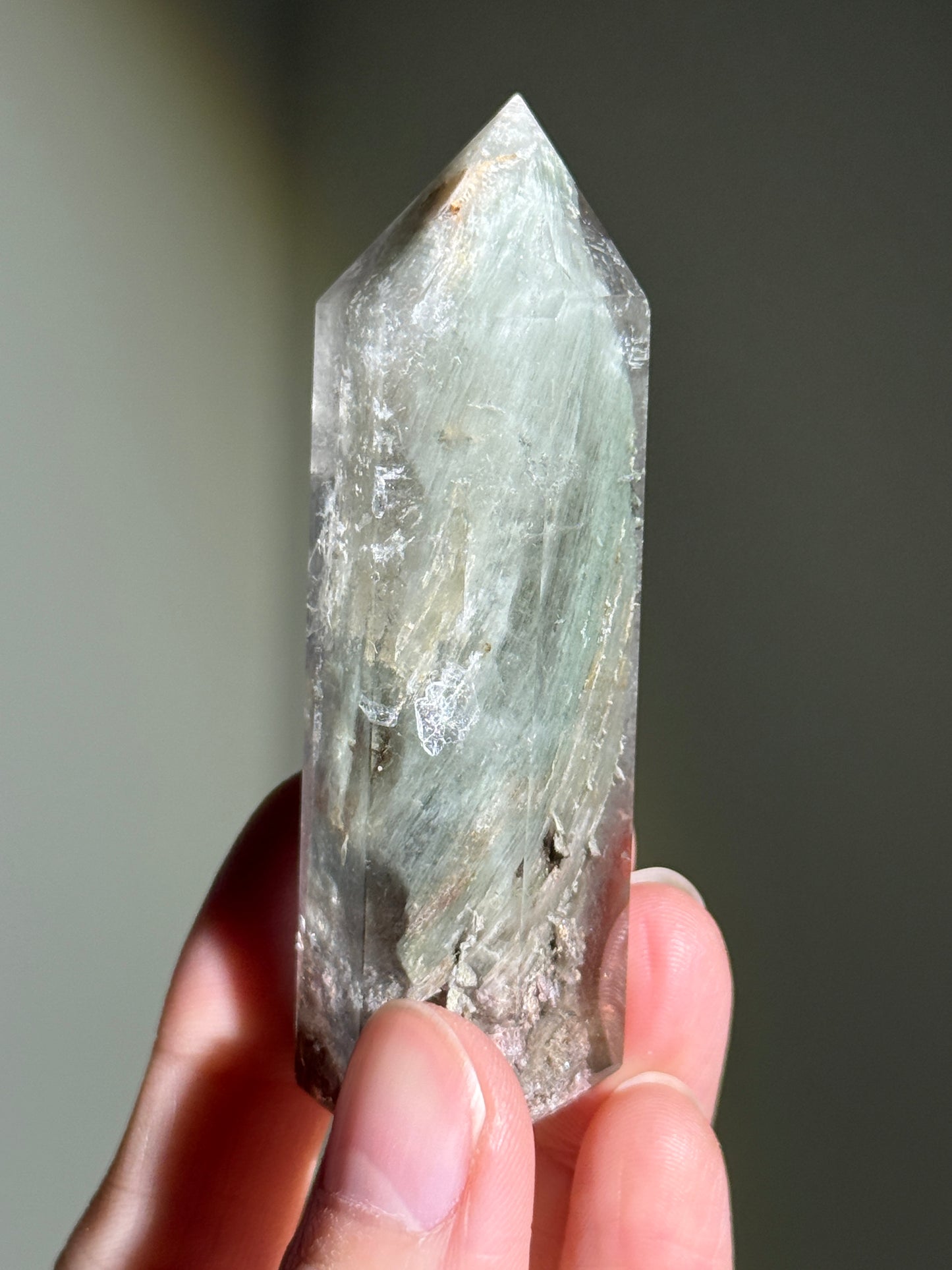 Unique Mint Green & Pink Garden Quartz Tower With Penetrator, Zambia