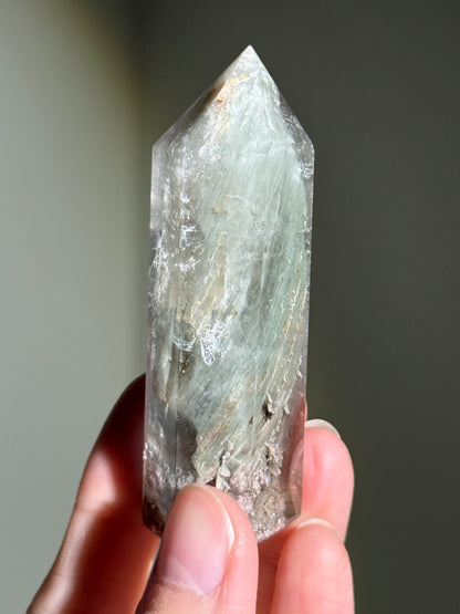 Unique Mint Green & Pink Garden Quartz Tower With Penetrator, Zambia