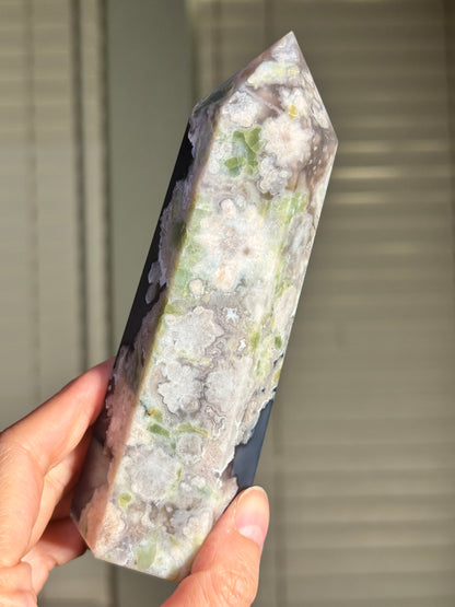 Statement Large Chunky Rare Black & Green Flower Agate Tower, Madagascar