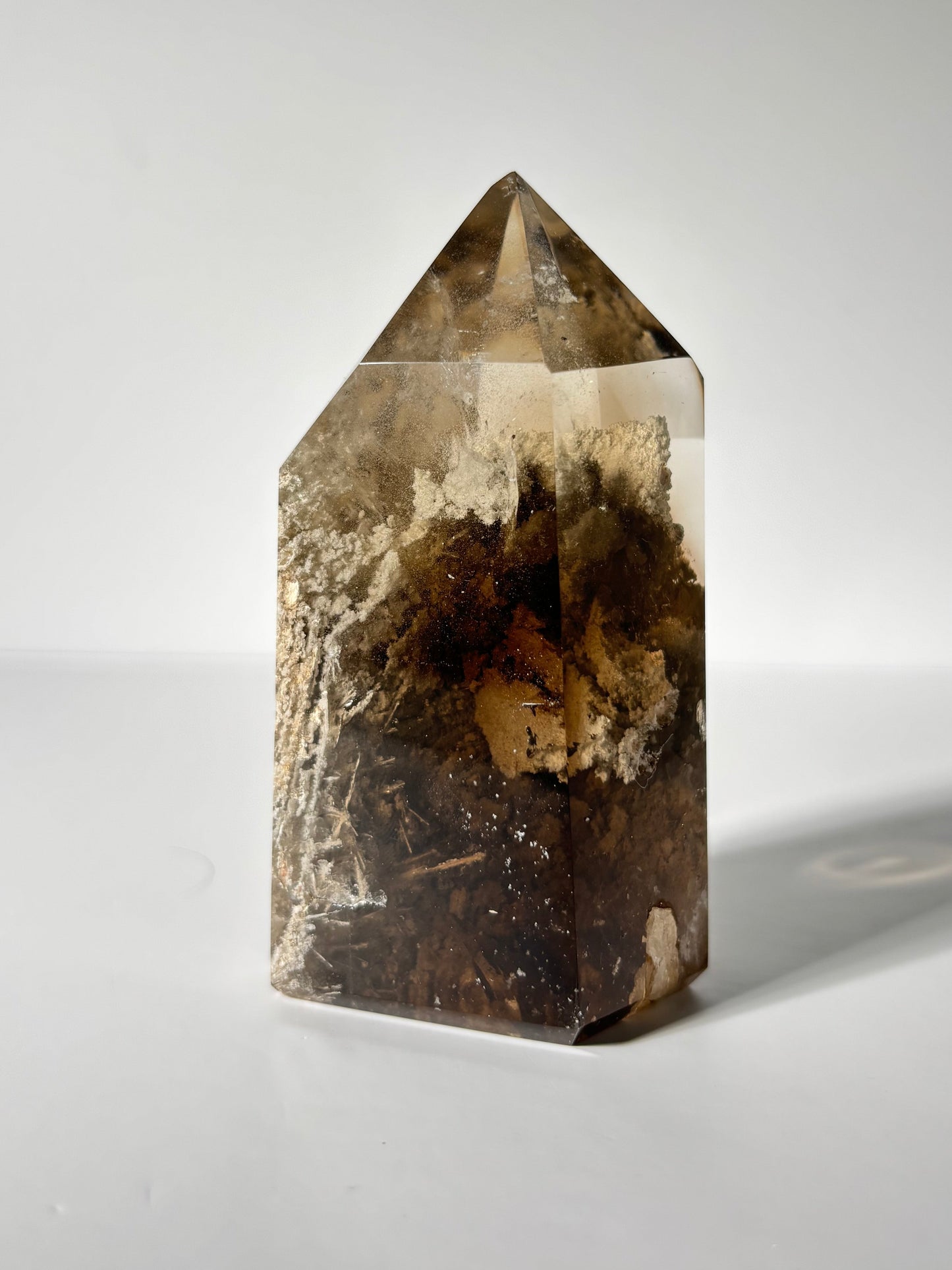 Statement Large Moody Smoky Quartz Tower With White Lodalite & Rutile, Brazil