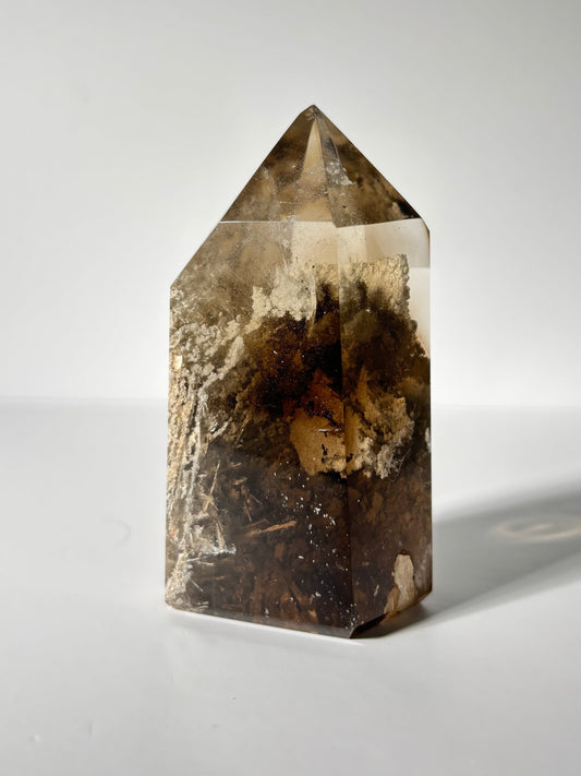 Statement Large Moody Smoky Quartz Tower With White Lodalite & Rutile, Brazil
