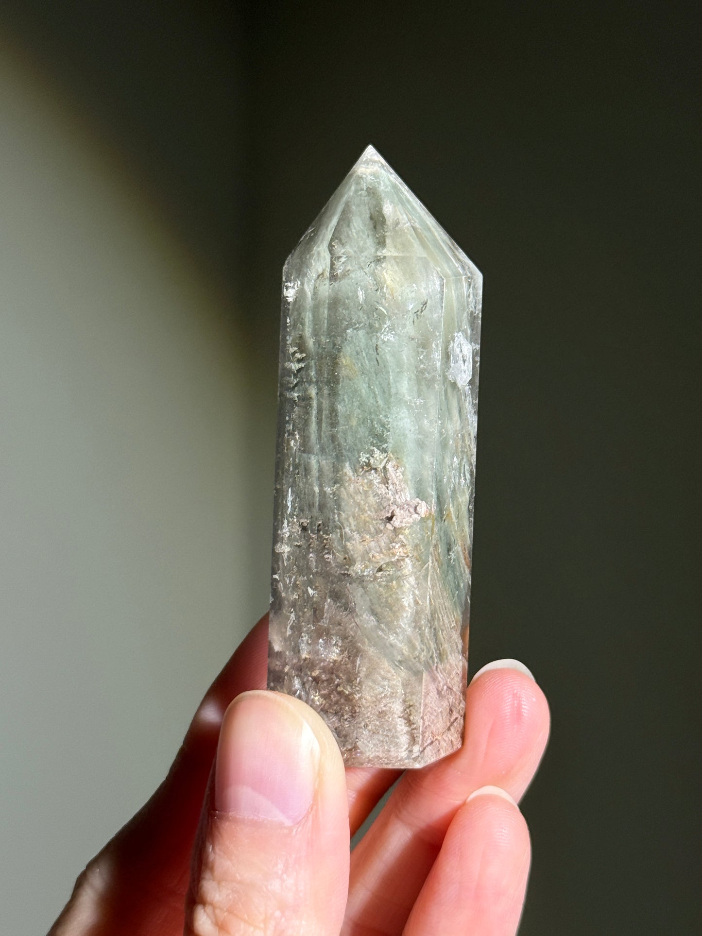 Unique Mint Green & Pink Garden Quartz Tower With Penetrator, Zambia