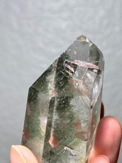 High Quality Water Clear Green Chlorite x Penetrator Quartz Tower, Brazil