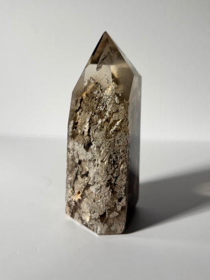 Statement Large Moody Smoky Quartz Tower With White Lodalite & Rutile, Brazil